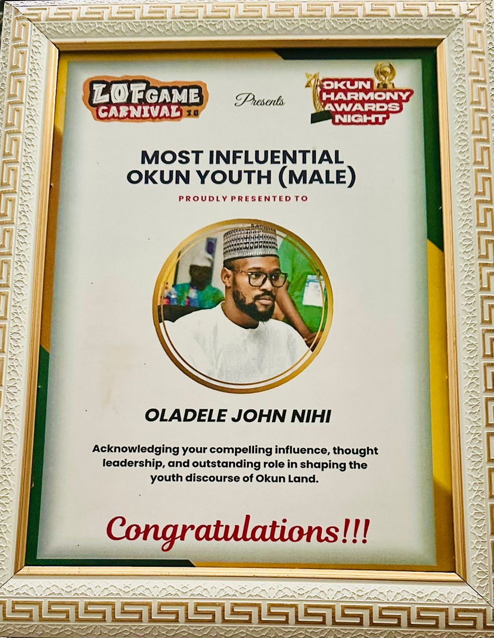 NIHI AWARDED MOST INFLUENTIAL OKUN YOUTH') }}